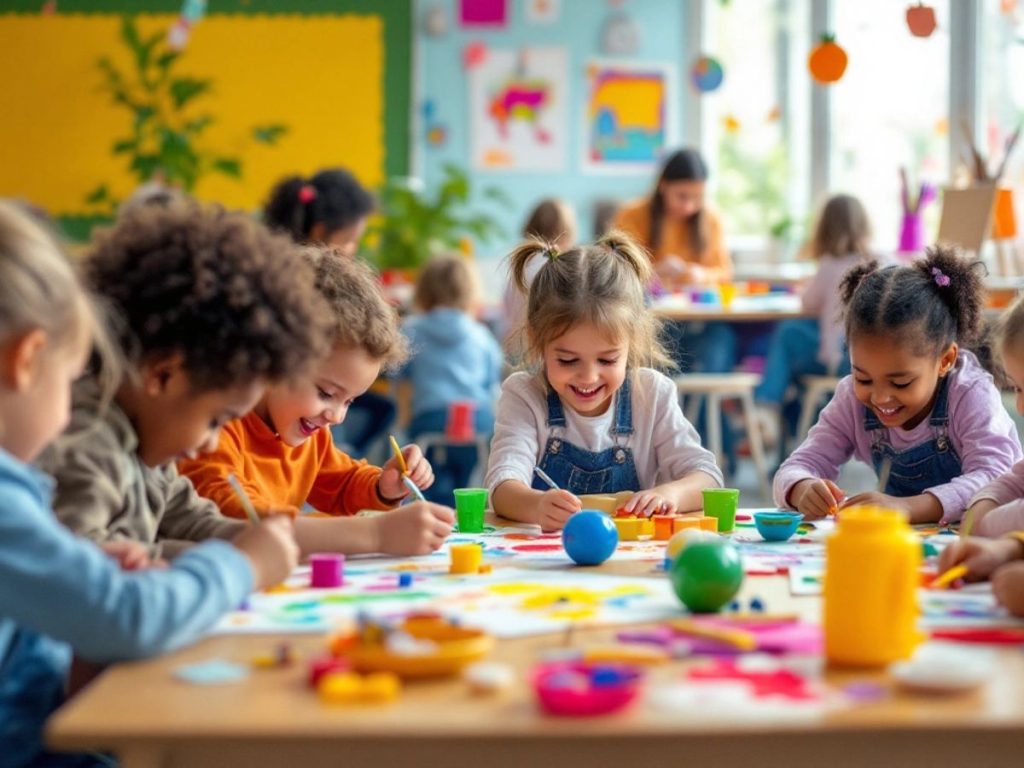 Copii creativi lucrând împreună într-o clasă vibrantă.