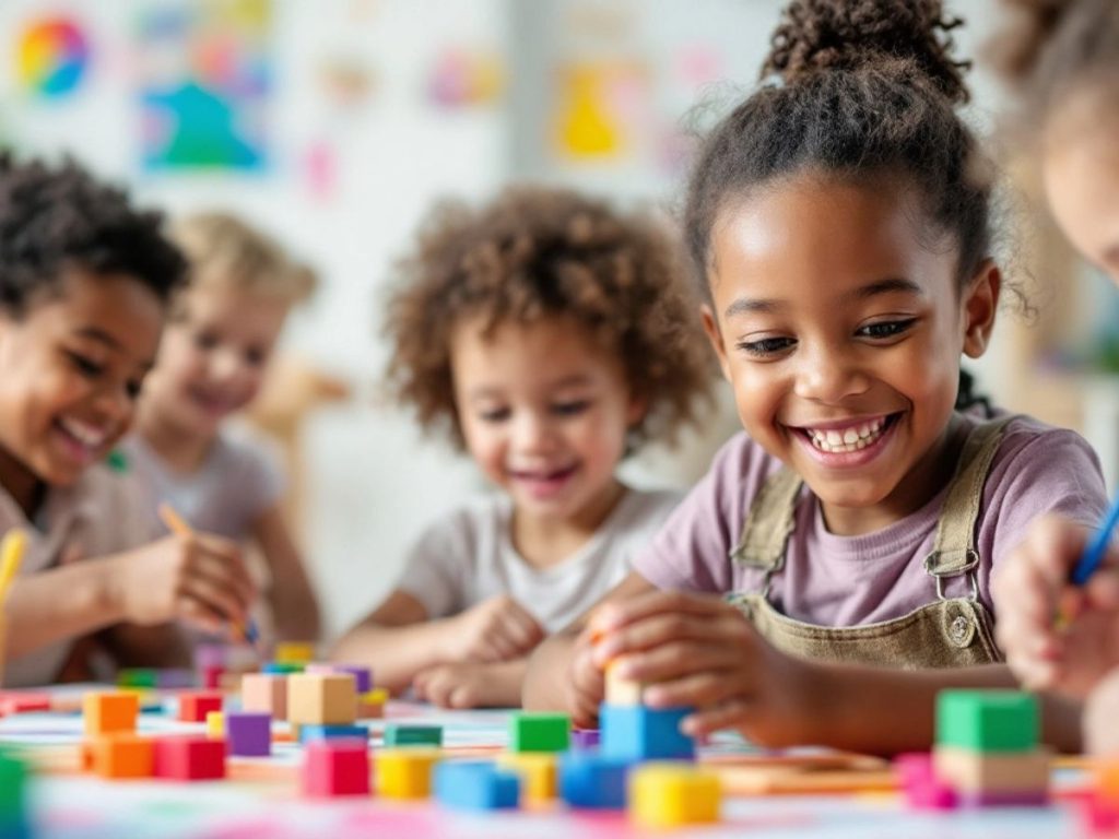 Copii jucându-se și explorând activități creative.