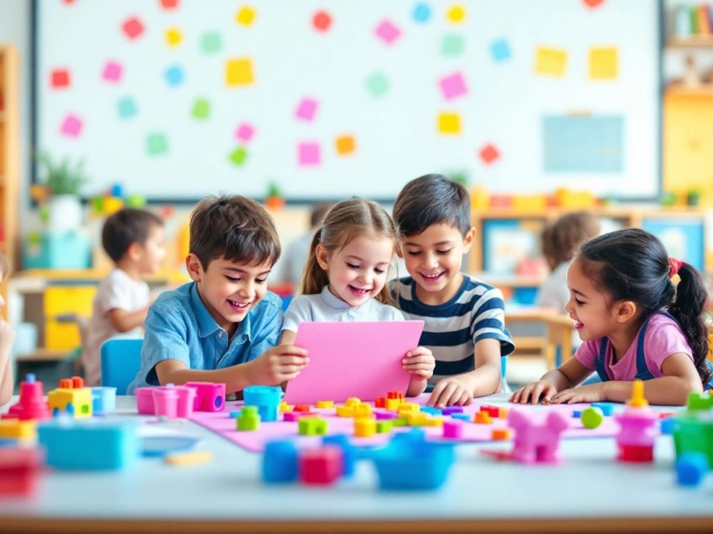 Copii jucându-se cu jocuri educaționale colorate.