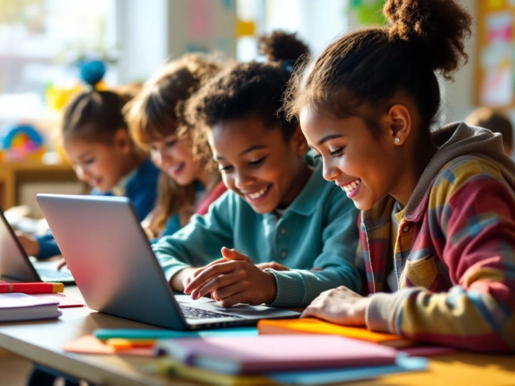 Elevă folosind un laptop într-o clasă modernă.