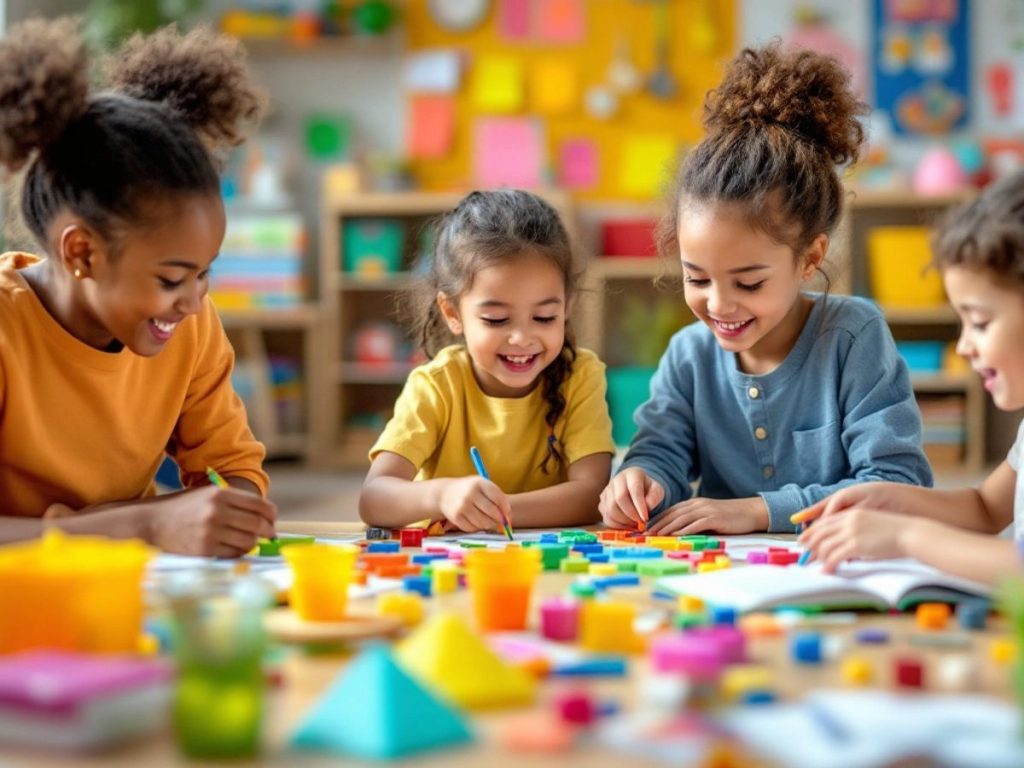 Copii învățând prin activități interactive în clasă.