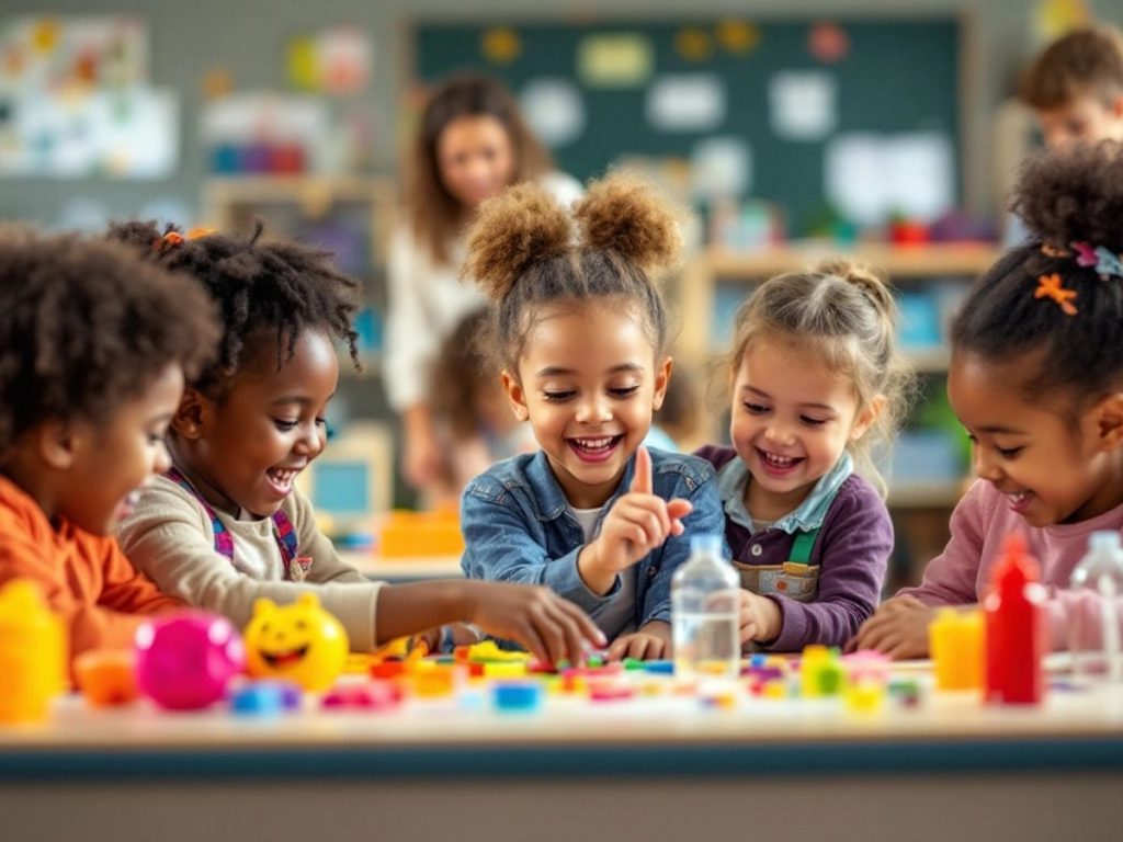 Copii în clasă, implicându-se în activități educaționale.