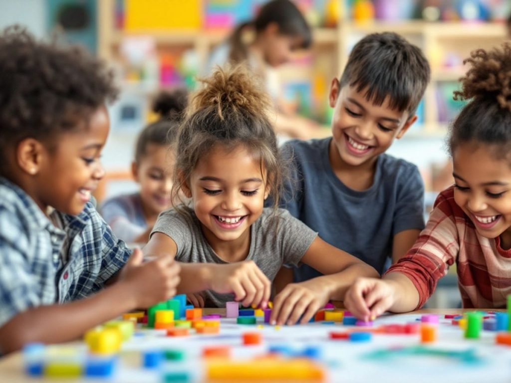 Copii interacționând în activități educative și distractive.