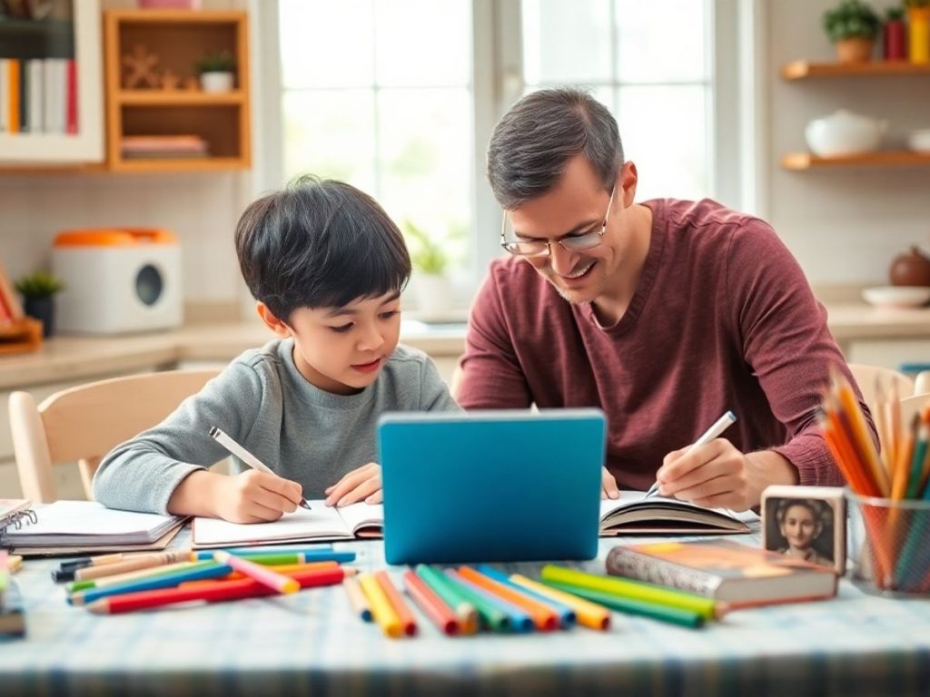 Părinte ajutând copilul cu teme la masa din bucătărie.