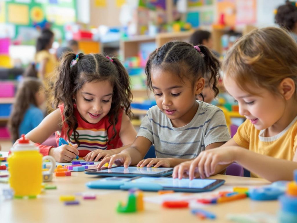 Copii în clasă, folosind aplicații educative pe tablete.