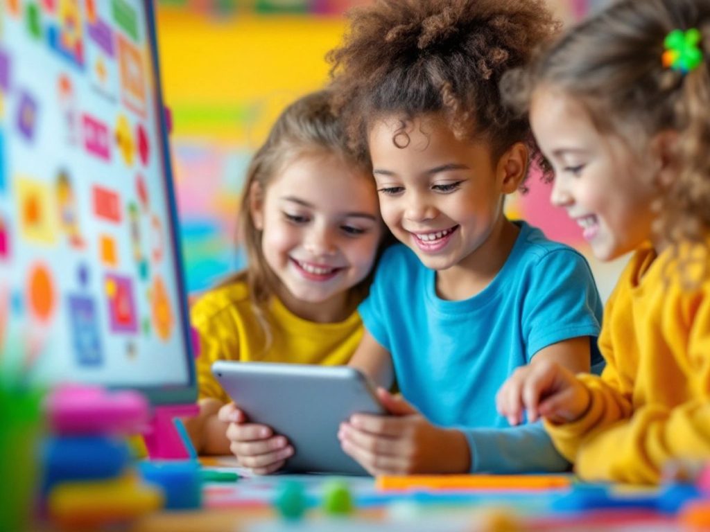 Copii jucându-se cu unelte educaționale colorate.