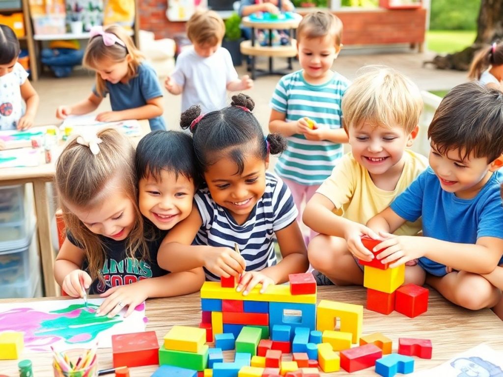 Copii jucându-se și învățând împreună.