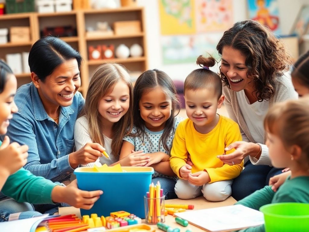 Părinți și profesori interacționând cu copii la învățare.