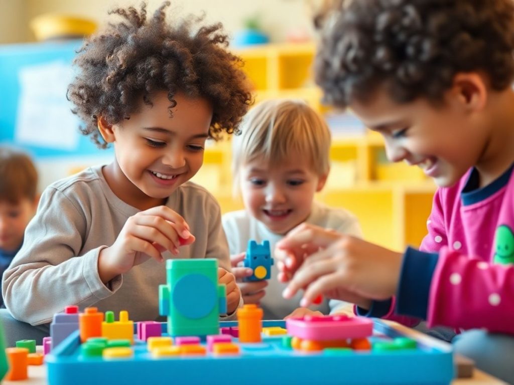 Copii jucându-se interactiv cu jucării colorate.