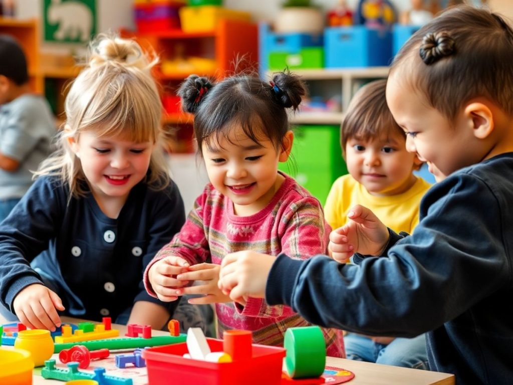 Copii jucându-se interactiv cu jucării colorate.