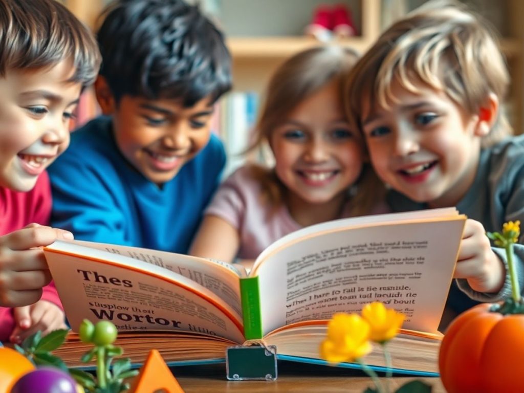 Carte deschisă cu copii ascultând povești.