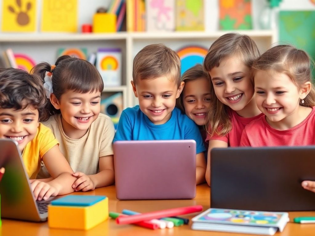 Copii învățând online cu laptopuri și tablete.