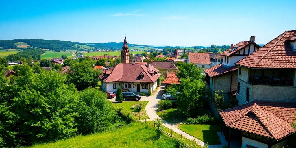 Peisaj românesc cu arhitectură tradițională și cer albastru.