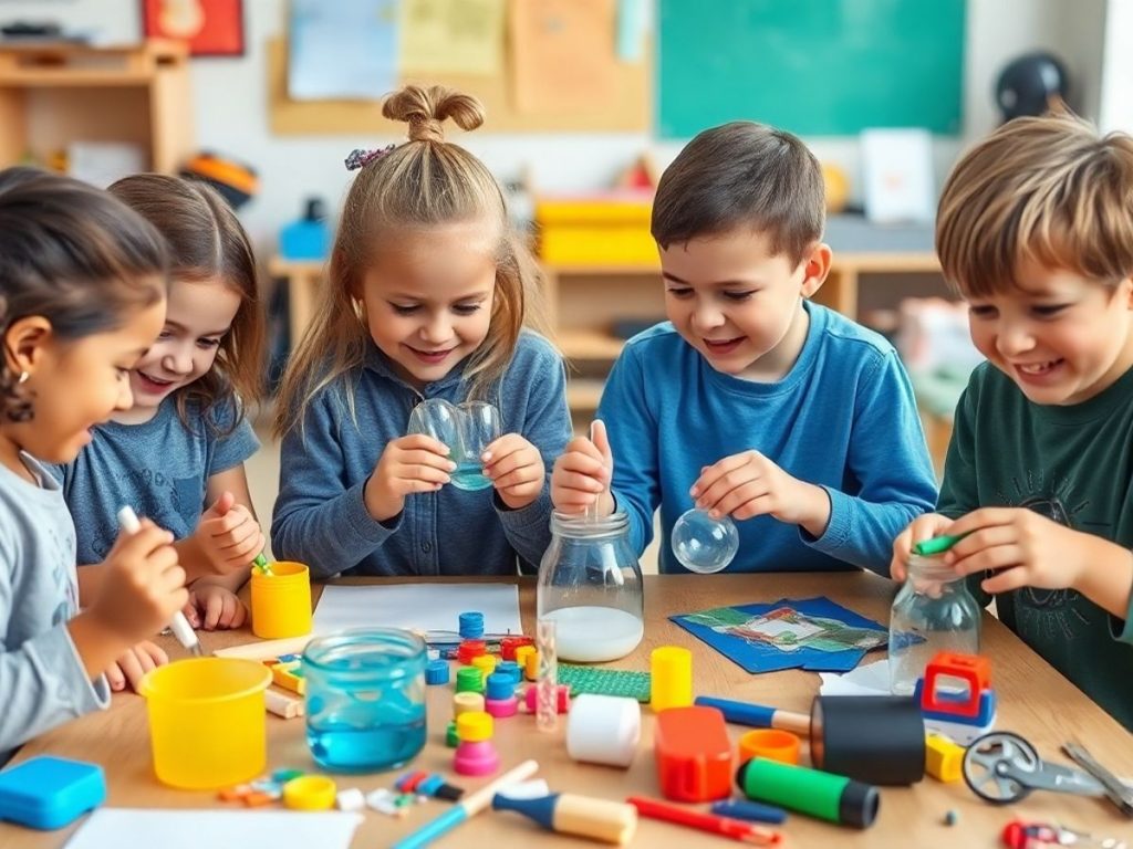 Copii implicati in activitati STEM captivante si creative.