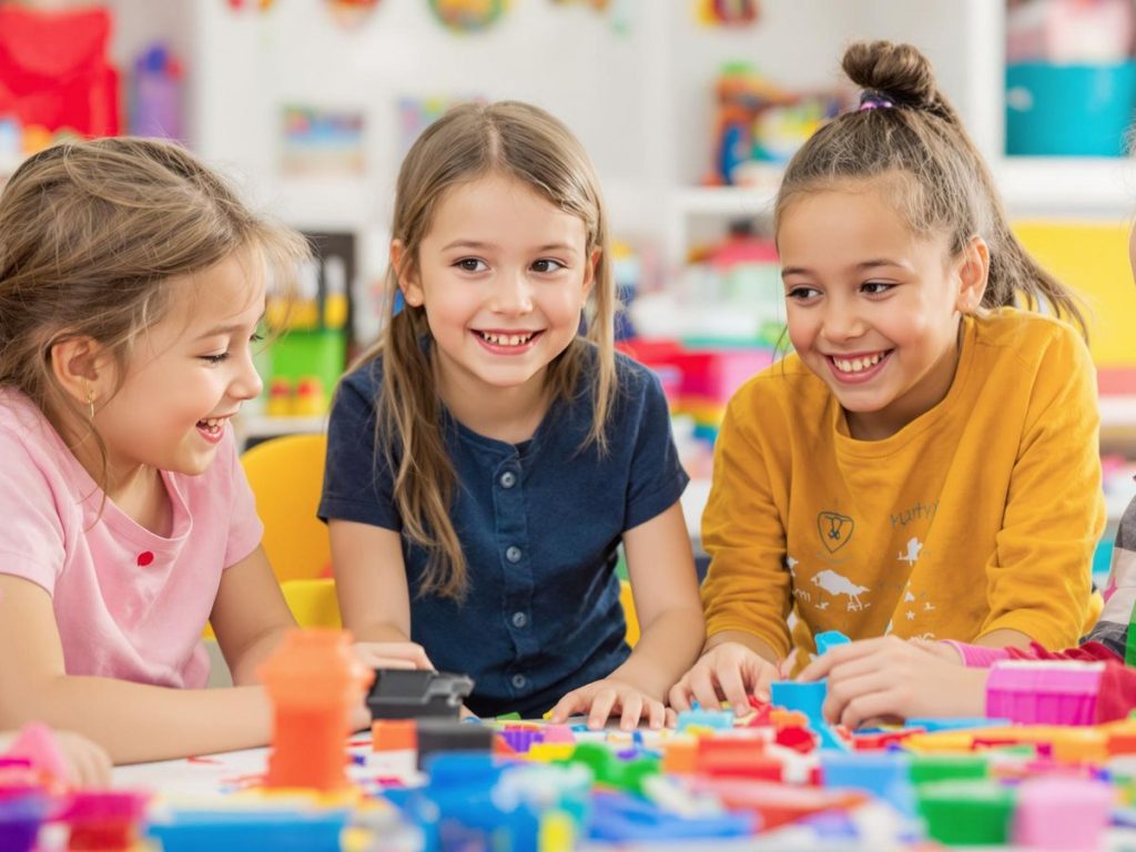 Copii jucându-se și interacționând fericiți.