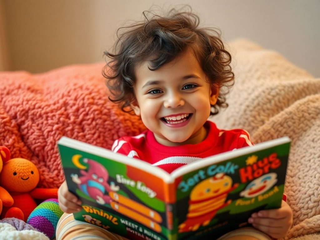 Copil citind o carte într-un mediu confortabil.