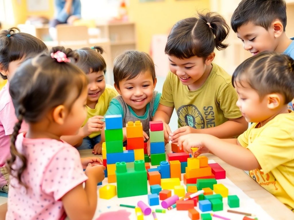 Copii jucându-se și explorând creativitatea prin jocuri interactive.