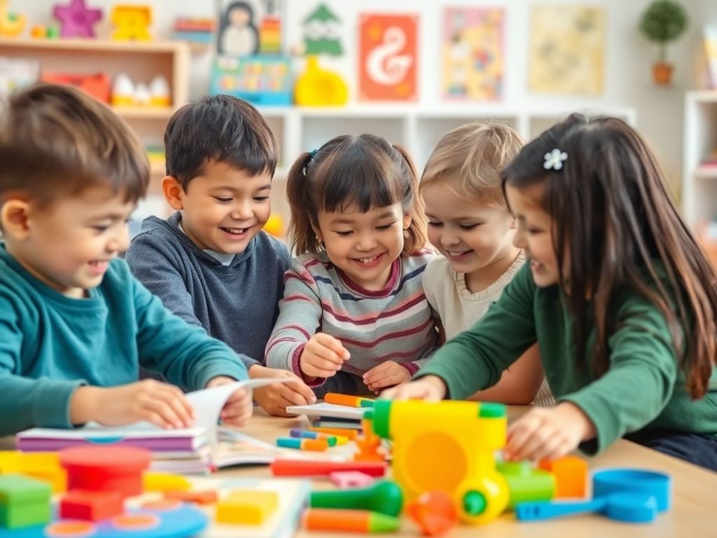 Copii jucându-se și învățând cu jucării colorate.