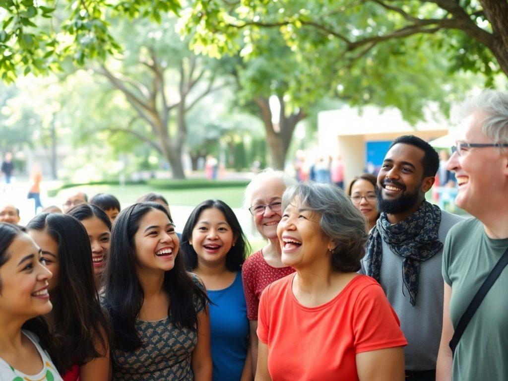 Oameni zâmbitori, interacționând vesel în comunitate.