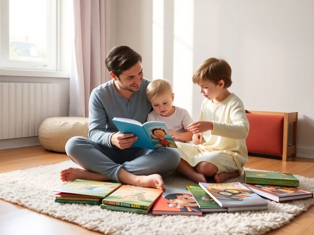 Mamă citește cu doi copii curioși în colț de lectură