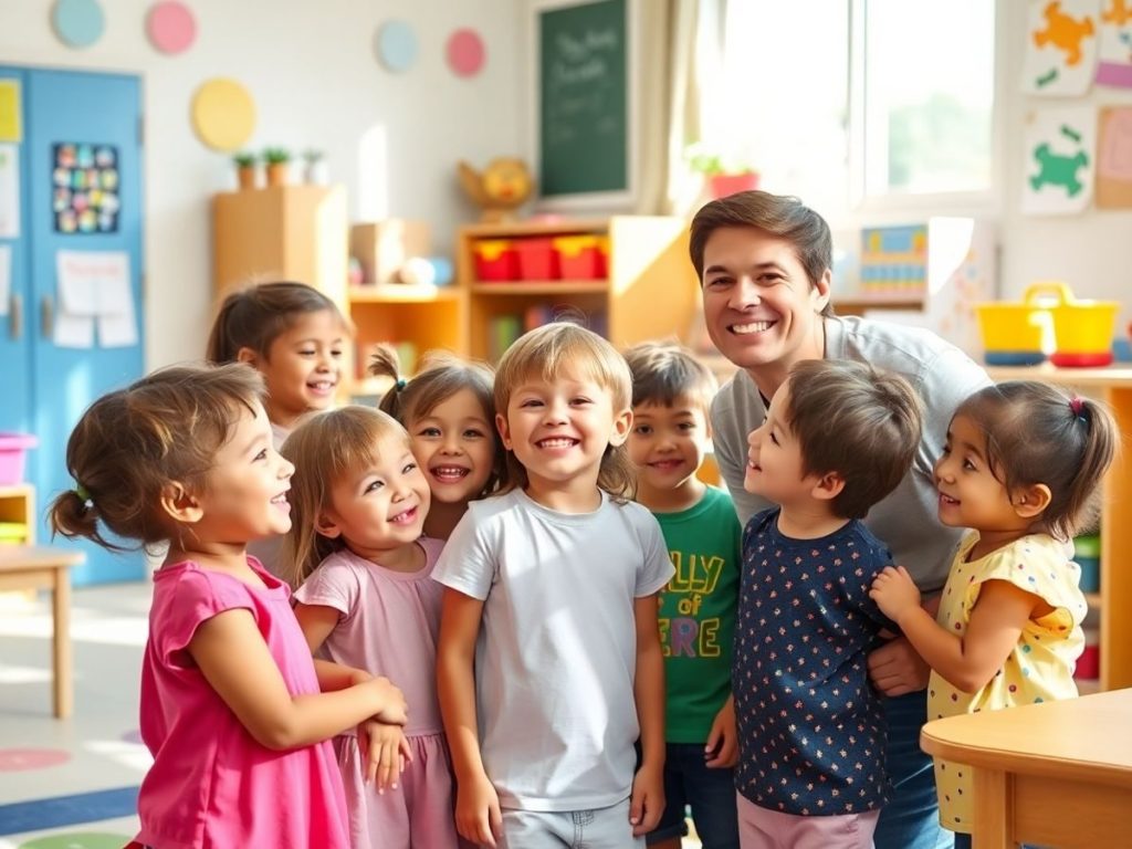 Copii zâmbind la grădiniță cu educatoare