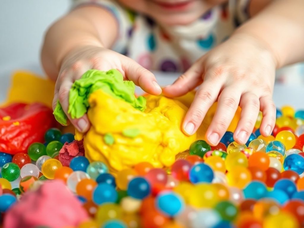 Copii experimentând joaca senzorială tactilă și vizuală.