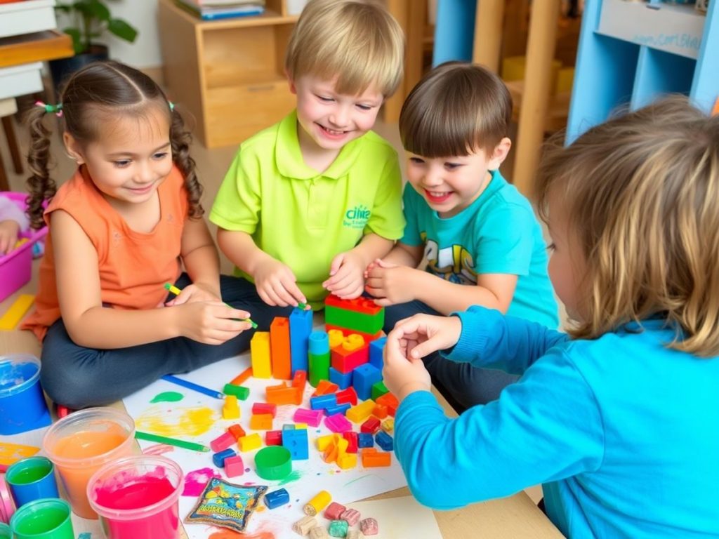 Copii pictând și construind cu materiale colorate.