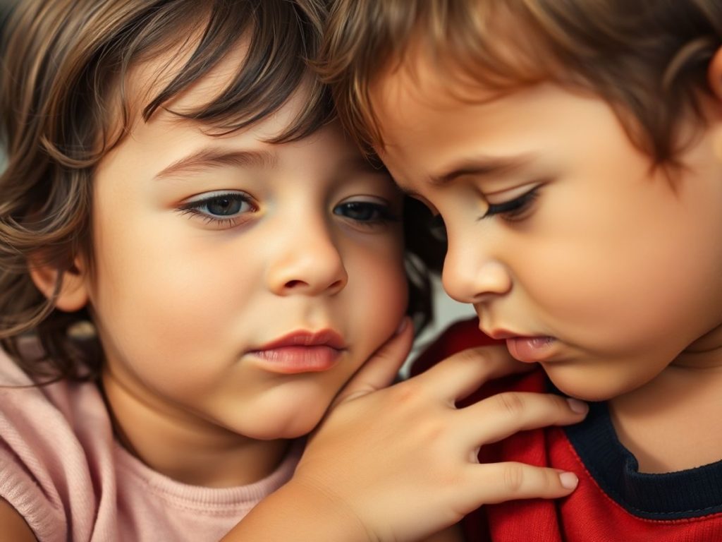 Copilul oferă o îmbrățișare reconfortantă altui copil.