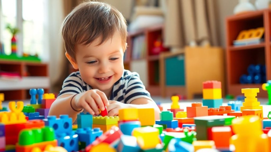 Copil concentrat jucându-se cu cuburi colorate.