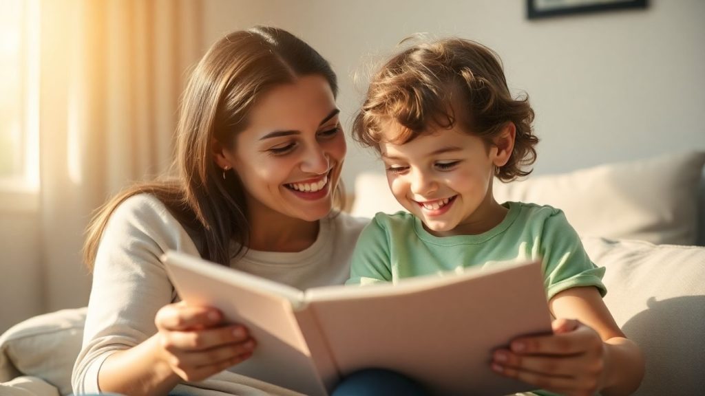 Părinte și copil zâmbind împreună în casă.