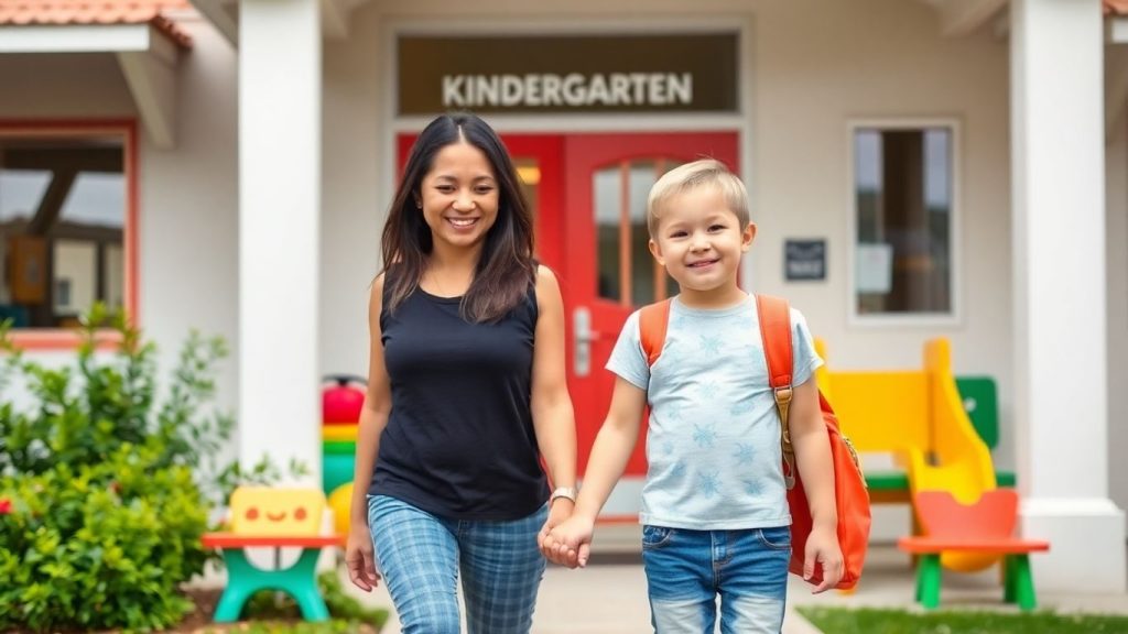 Copil cu părinte la grădiniță, ținându-se de mână